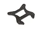 A flat, carbon fibre front shock tower for an RC car, featuring a central cutout and multiple mounting holes, shown against a white background.
