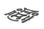 A set of Rovan carbon fibre RC car parts including shock towers, braces, and brake discs arranged on a white background.