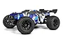 Maverick Quantum2 XT 1/10 scale RC stadium truck in blue and white livery with black off-road tires and rear wing.