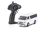 Kyosho First Mini-Z Toyota Hi-Ace Super GL RC van in white with its black pistol-grip radio transmitter on a white background.