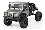 Hobby Plus CR-18P Evo Trail Hunter 1/18 scale RC rock crawler in silver, featuring a truck cab, roll cage, spare tire, and off-road tires.