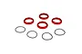 Four red anodized aluminium shock adjuster nuts and four black rubber O-rings arranged on a white background.
