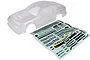 An unpainted 1/10 scale clear polycarbonate RC car body shell with a matching decal sheet on a white background.