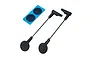 Two black 3D-printed RC wing mounts with thin rods and circular bases, accompanied by two adhesive pads on a blue backing sheet.