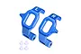 A pair of blue anodized aluminium C-hub steering carriers for RC cars, marked with L and R, alongside four small white plastic bushings.