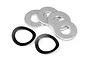 A set of four flat silver metal washers and two black wavy spring washers for HPI Baja RC vehicles.