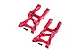 Two red anodized aluminium front suspension arms for an RC car, shown with two small black screws on a white background.