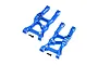 Two blue anodized aluminium RC front suspension arms with included black screws on a white background.
