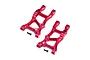 Two red anodized aluminium rear suspension arms for an RC car, shown with two small black screws on a white background.