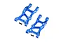 Two blue anodized aluminium RC rear suspension arms with small black screws on a white background.