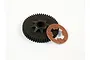 A black 52T spur gear and a brown fiber slipper clutch pad for an HPI Savage RC truck on a white background.