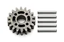 An 18-tooth steel pinion gear with five small metal pins arranged vertically on a white background.