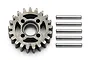 A steel 21-tooth pinion gear with five small metal dowel pins arranged vertically to its right on a white background.