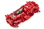 A red Kyosho Mini-Z MA-030EVO chassis kit viewed from a high angle on a white background.
