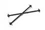 Two black metal RC drive shafts with universal joints at each end, crossed over each other on a white background.