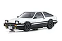 Kyosho Mini-Z Toyota Sprinter Trueno AE86 Initial D RC drift car in white and black panda livery on a white background.