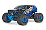 ARRMA GORGON 1/10 scale 2WD RC monster truck in blue and black with aggressive tread tires and custom graphics on a white background.