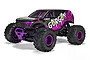 ARRMA GORGON 1/10 scale 2WD RC monster truck in purple and black with aggressive tread tires and custom decals on a white background.