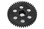 A black plastic spur gear with a hexagonal center hole and six circular weight-reduction holes, isolated on a white background.