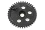 A black plastic spur gear for an RC car, featuring a central hole and several smaller circular cutouts.