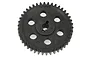 A black plastic spur gear for an RC car, featuring a central keyed hole and six circular weight-reduction holes.