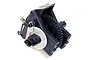 A black plastic single-speed RC gearbox assembly featuring a large spur gear, metal mounting plate, and drive cup, isolated on a white background.