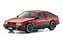 Kyosho Mini-Z Toyota AE86 Corolla Levin RC drift car in red and black, viewed from a front three-quarter angle on a white background.