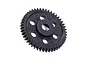 A black plastic 47-tooth spur gear for an RC car, featuring a central hole and five surrounding weight-reduction holes.