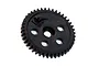 A black plastic RC spur gear with a central hole and several smaller holes around it, isolated on a white background.