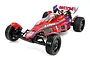 A studio shot of the Tamiya TD-2 Astute 2022 1/10 scale RC buggy, featuring a red body with blue accents, black wheels, and a rear wing labeled AWESOME!.