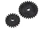 Two black RC pinion gears of different sizes, a 19T and a 27T, isolated on a white background.