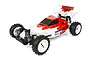 A studio shot of a 1/10 scale Team Associated Yokomo YZ-10 RC buggy with a white and red body shell, white wheels, and off-road tires.