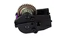 HSP RC off-road gearbox assembly featuring a black plastic housing, metal spur gear, and purple anodized aluminum spacer on a white background.