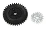 A black plastic spur gear and a smaller silver metal pinion gear for an RC car.