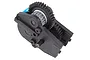A black plastic RC truck gearbox assembly with exposed gears and a blue metal motor mount component on a white background.