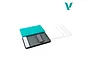 Vallejo wet palette set featuring a teal lid, grey base with a brush strap, white paint wells, and several sheets of palette paper on a white background.