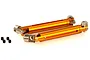 Two orange anodized aluminium RC drive shaft assemblies with silver metal joints and four small black grub screws on a white background.