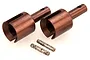 Two brown metal differential drive cups and two small silver metal pins for an RC car, isolated on a white background.
