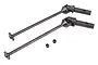 Two black metal RC universal driveshafts with two small grub screws on a white background.
