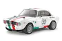 A studio shot of a white Tamiya Alfa Romeo Giulia Sprint RC car with red and green racing stripes and the number 53 on the side and hood.