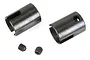 Two black metal RC drive cups and two small grub screws arranged on a white background.
