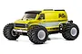 Kyosho Fazer Mk2 FZ02L Mad Van VE-BT RC monster truck in yellow, featuring large off-road tires and a classic van body style.