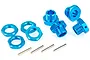 A set of blue anodized aluminium 17mm wheel hex adapters for RC cars, including nuts and drive pins on a white background.