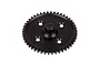 A black steel spur gear for an RC car, featuring a central hub and four mounting holes, isolated on a white background.