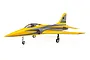 E-Flite Habu XS 1.1m EDF jet RC plane in yellow and grey livery, viewed from a side-angle on a white background.