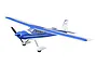 E-Flite Valiant 1.3m RC plane in blue and white livery, viewed from a high angle against a white background.