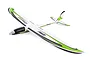 E-Flite UMX Conscendo RC glider plane in white with green and black trim, viewed from a high angle against a white background.