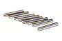 A set of eight small, cylindrical metal drive pins arranged in a staggered formation on a white background.