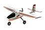 HobbyZone AeroScout S 2 RC trainer plane in white with orange and black trim, featuring a pusher-propeller configuration.