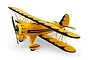 E-Flite UMX Waco RC biplane in yellow and black, featuring a distinctive scalloped wing pattern, shown from a front-quarter angle on a white background.